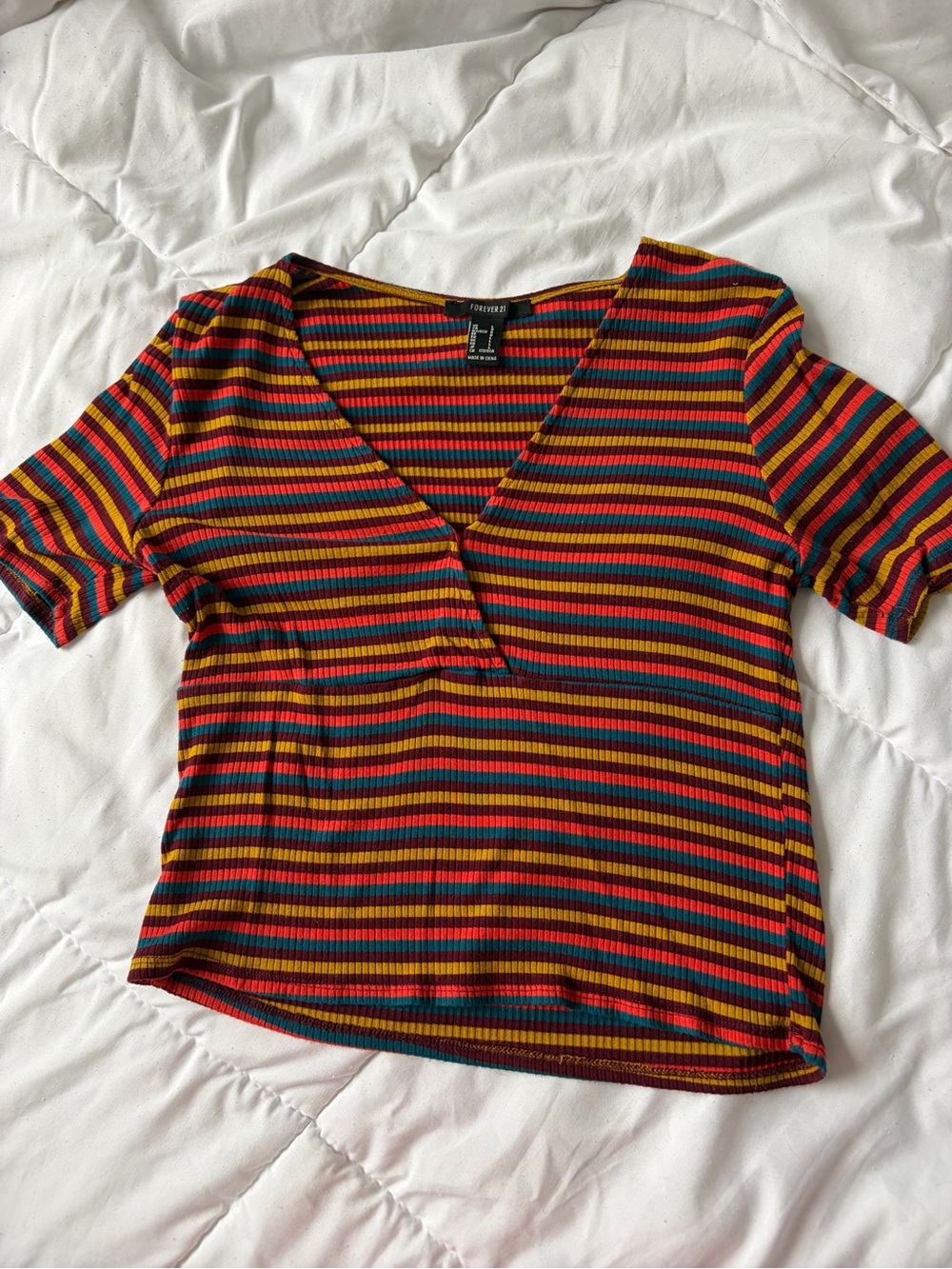 Forever 21 Multicolor Striped V-Neck Ribbed Crop Top